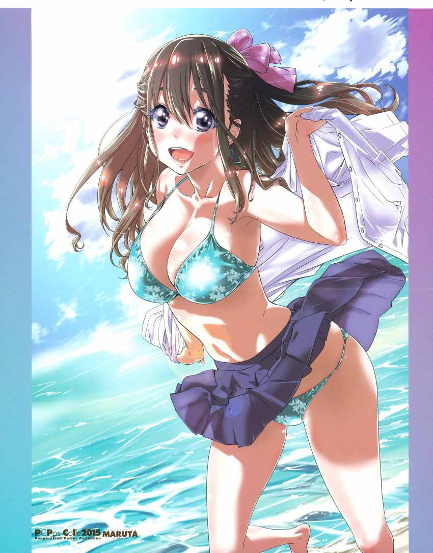 1girl absurdres beach bikini blue_sky blush breasts brown_hair clouds hair_ribbon highres large_breasts long_hair looking_at_viewer navel ocean open_mouth pleated_skirt ribbon school_uniform shirt skirt skirt_lift sky smile solo swimsuit underwear undressing violet_eyes water