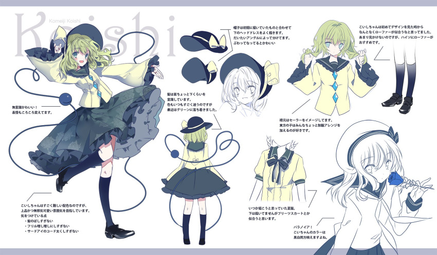 1girl arm_up blue_eyes blue_legwear bonnet character_name character_sheet cierra_(ra-bit) eyeball floral_print from_behind full_body green_hair hat hat_ribbon highres kneehighs komeiji_koishi letterboxed long_sleeves looking_at_viewer outstretched_arm ribbon shirt shoes short_hair skirt standing_on_one_leg string text third_eye touhou translation_request white_background wide_sleeves