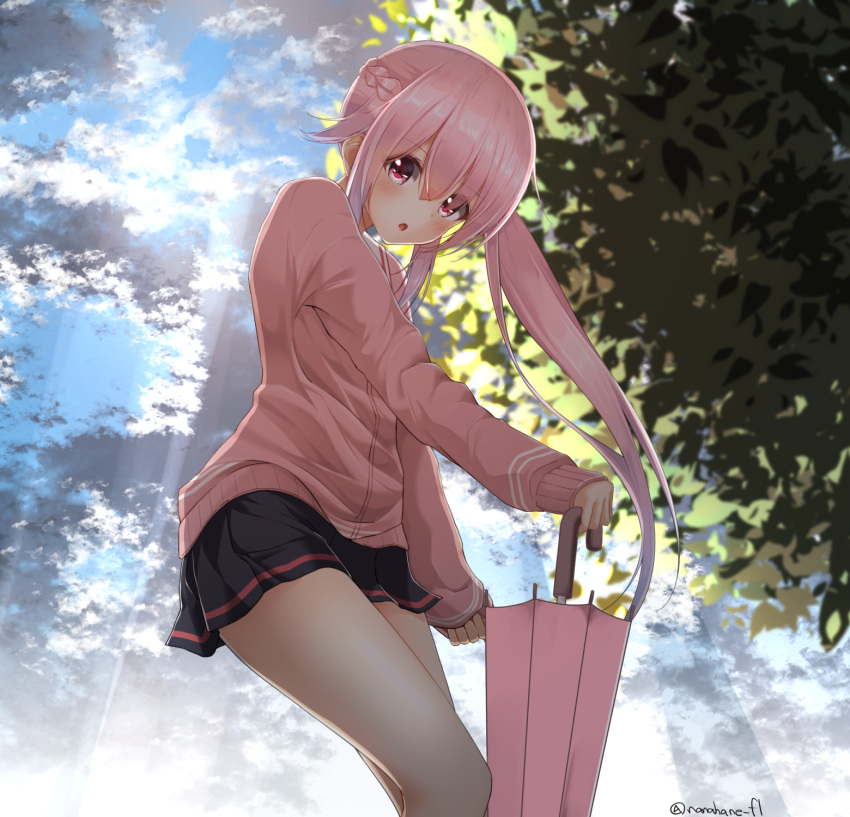 1girl :o artist_name bare_legs black_skirt blue_sky blush braid closed_umbrella dappled_sunlight french_braid from_below hair_between_eyes hair_over_one_eye harusame_(kantai_collection) highres holding holding_umbrella kantai_collection light_rays long_hair long_sleeves looking_at_viewer looking_down nanahane_fl open_mouth outdoors parted_lips pink_eyes pink_hair pink_jacket plant ponytail sidelocks skirt sky solo standing sunlight tareme tree umbrella very_long_hair visible_ears