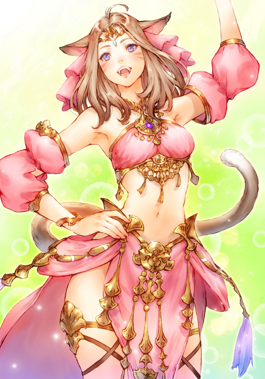 1girl :d ahoge animal_ears arms_up bare_shoulders blush bracelet brown_hair cat_ears cat_tail circlet detached_sleeves facial_mark fangs final_fantasy final_fantasy_xiv highres jewelry looking_at_viewer makimura_shunsuke miqo'te navel open_mouth short_hair smile solo tail violet_eyes