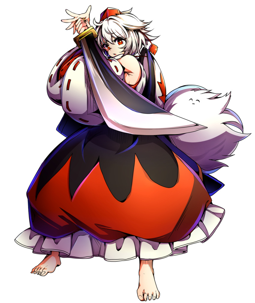 1girl aiming_at_viewer animal_ears baba_(baba_seimaijo) barefoot detached_sleeves hat highres inubashiri_momiji japanese_clothes kedama knife long_sleeves looking_at_viewer red_eyes shield shirt short_hair skirt solo sword tail tokin_hat touhou transparent_background weapon white_hair wide_sleeves wolf_ears wolf_tail