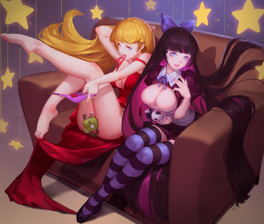 2girls barefoot black_hair blonde_hair blush bow breasts cleavage convenient_censoring couch cubies_(tiger_205) dress floor hair_bow highres large_breasts long_hair multicolored_hair multiple_girls open_mouth panty_&amp;_stocking_with_garterbelt panty_(psg) purple_hair red_dress sitting skirt stocking_(psg) striped striped_legwear tongue tongue_out two-tone_hair violet_eyes
