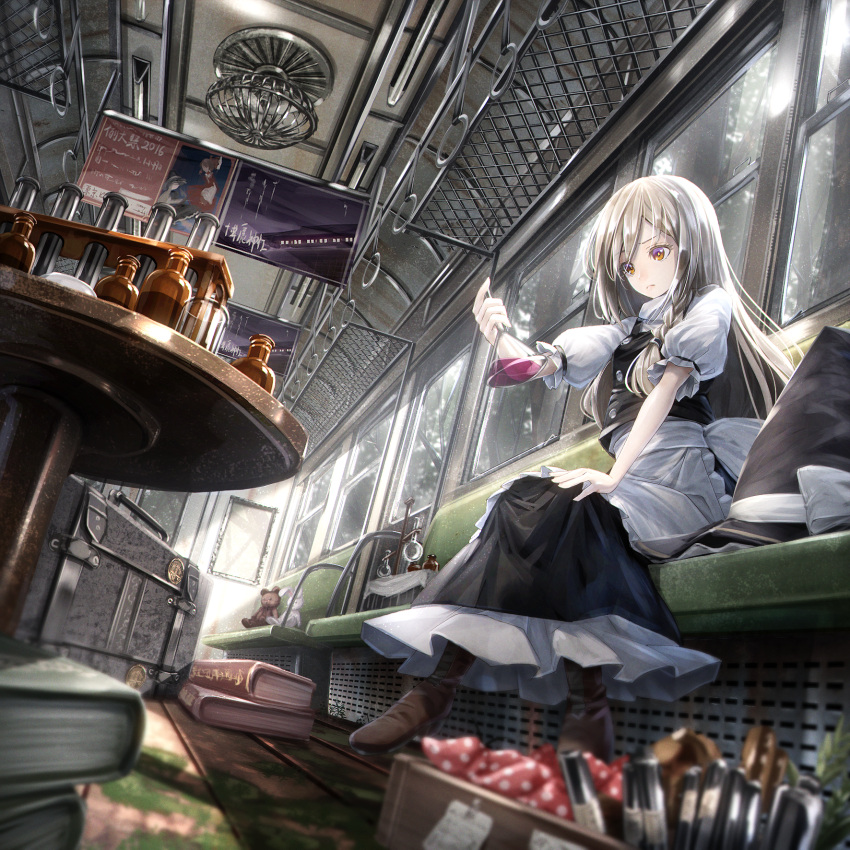 1girl apron beaker black_dress blonde_hair blush bow braid capelet dress flask frilled_dress frills hat hat_bow hat_removed headwear_removed highres kirisame_marisa long_hair puffy_sleeves red_eyes ryosios science short_sleeves side_braid single_braid sitting solo test_tube touhou train train_interior waist_apron witch_hat