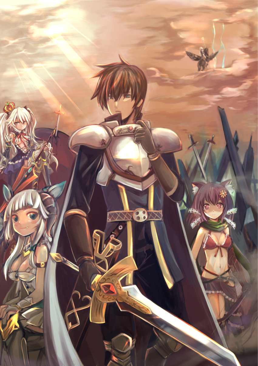 1boy 4girls animal_ears anya_(sennen_sensou_aigis) arm_belt armor bangs bare_shoulders bashira_(sennen_sensou_aigis) black_gloves blue_eyes blunt_bangs bow_(weapon) brown_gloves brown_hair cape character_request clouds crown fang gloves greaves green_cape grey_eyes highres holding_weapon horns lance midriff multiple_girls navel outdoors pegasus planted_sword planted_weapon polearm prince_(sennen_sensou_aigis) sennen_sensou_aigis sitting standing sunlight sword sybilla tagme twintails violet_eyes weapon white_hair yakinabe