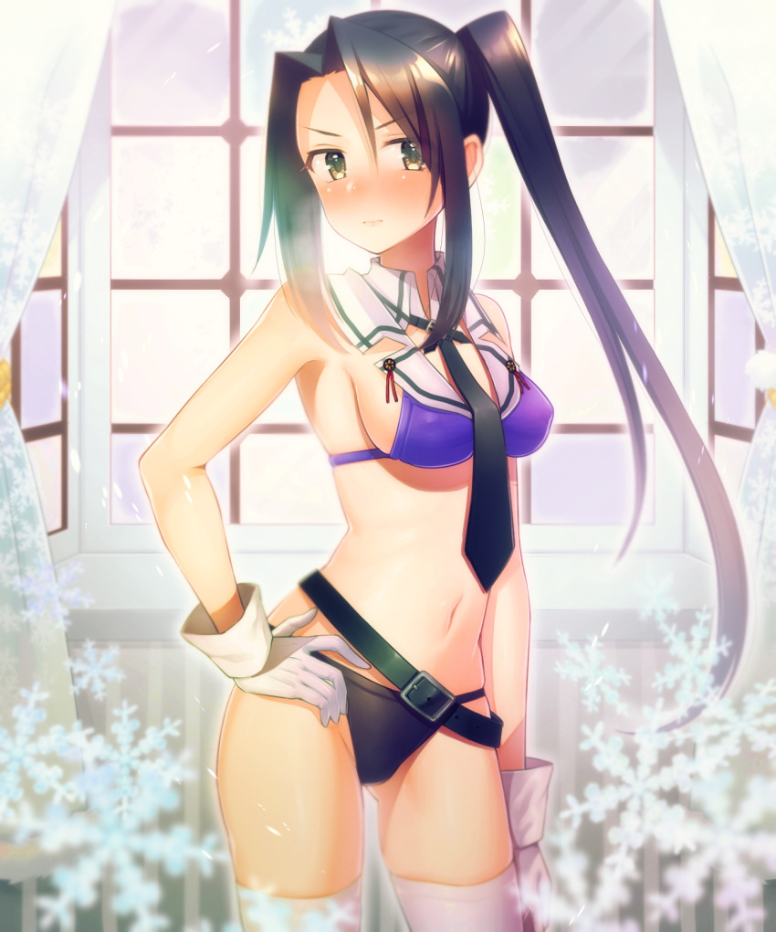 adapted_costume belt bikini black_hair brown_eyes gloves hand_on_hip highres kantai_collection long_hair nachi_(kantai_collection) remodel_(kantai_collection) side_ponytail suiheisen swimsuit