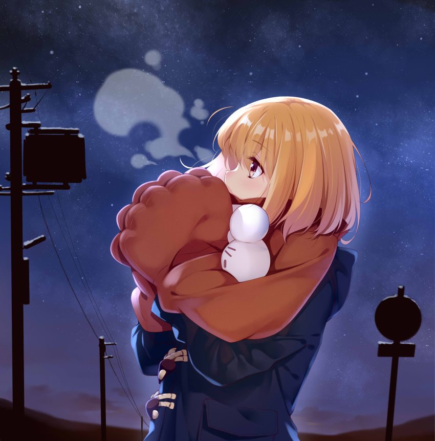 1girl absurdres bangs blonde_hair breath brown_eyes coat ello eyebrows eyebrows_visible_through_hair eyelashes from_side gloves highres long_sleeves looking_up night night_sky original outdoors pom_pom_(clothes) power_lines profile red_gloves red_scarf road_sign scarf short_hair sign sky snowing solo star_(sky) upper_body utility_pole_(object) winter winter_clothes