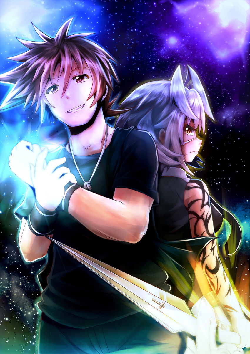 1boy 1girl arkfield back-to-back blade cross glowing glowing_hand glowing_weapon grin highres jewelry kadenz_fermata//akkord:fortissimo necklace short_hair sky smile star_(sky) starry_sky tattoo weapon wristband