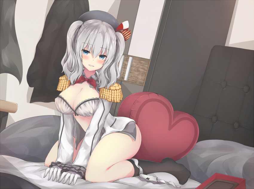 1girl all_fours bed bed_sheet beret black_hat black_shirt blue_eyes blush bow box bra breast_squeeze breasts cleavage collared_shirt door dutch_angle epaulettes eyebrows eyebrows_visible_through_hair frilled_sleeves frills gloves grey_bra hanging_breasts hat hat_bow heart heart_pillow highres indoors kantai_collection kashima_(kantai_collection) kerchief kneehighs linez lingerie long_sleeves looking_at_viewer military military_uniform on_bed open_clothes open_shirt parted_lips pillow pocket red_ribbon ribbon seductive_smile shirt short_hair short_twintails silver_hair smile solo thighs tsurime twintails underwear uniform valentine white_gloves