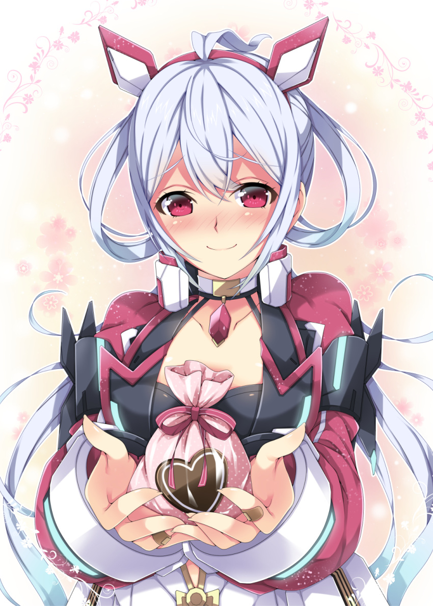 1girl ahoge bag bandaid bandaid_on_finger blush breasts center_opening choker cleavage cleavage_cutout commentary_request gem giving hair_ornament hair_rings headgear heart highres jewelry long_hair long_sleeves looking_at_viewer matoi_(pso2) milkpanda open_clothes phantasy_star phantasy_star_online_2 pink_ribbon red_eyes ribbon silver_hair smile solo twintails upper_body valentine