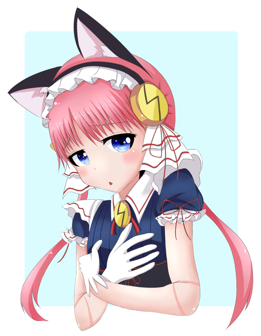 1girl absurdres android animal_ears blue_eyes cat_ears clarion commentary_request doll_joints dress gloves highres koukaku_no_pandora maid maid_headdress pink_hair solo upper_body