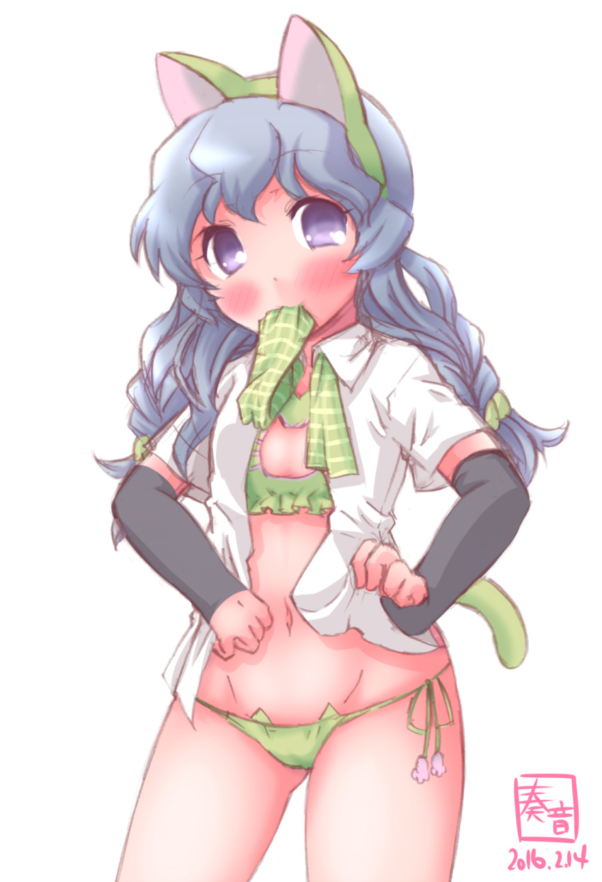 1girl animal_ears arm_warmers blouse blush bra braid cat_cutout cat_ear_panties cat_ears cat_lingerie cat_tail cleavage_cutout dated fake_animal_ears fake_animal_tail green_bra green_panties green_ribbon hairband highres kanon_(kurogane_knights) kantai_collection long_hair looking_at_viewer mouth_hold navel panties ribbon side-tie_panties silver_hair simple_background solo stomach tail thighs twintails underwear very_long_hair violet_eyes wavy_hair white_background white_blouse yamagumo_(kantai_collection)