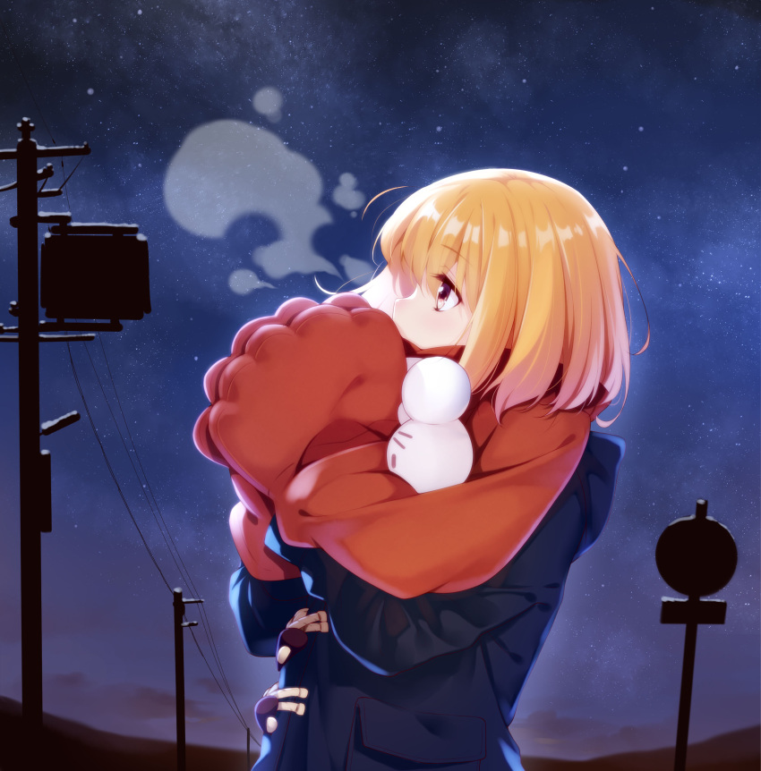 1girl absurdres bangs blonde_hair breath brown_eyes coat ello eyebrows eyebrows_visible_through_hair eyelashes from_side gloves highres long_sleeves looking_up night night_sky original outdoors pom_pom_(clothes) power_lines profile red_gloves red_scarf road_sign scarf short_hair sign sky solo star_(sky) upper_body utility_pole_(object) winter winter_clothes