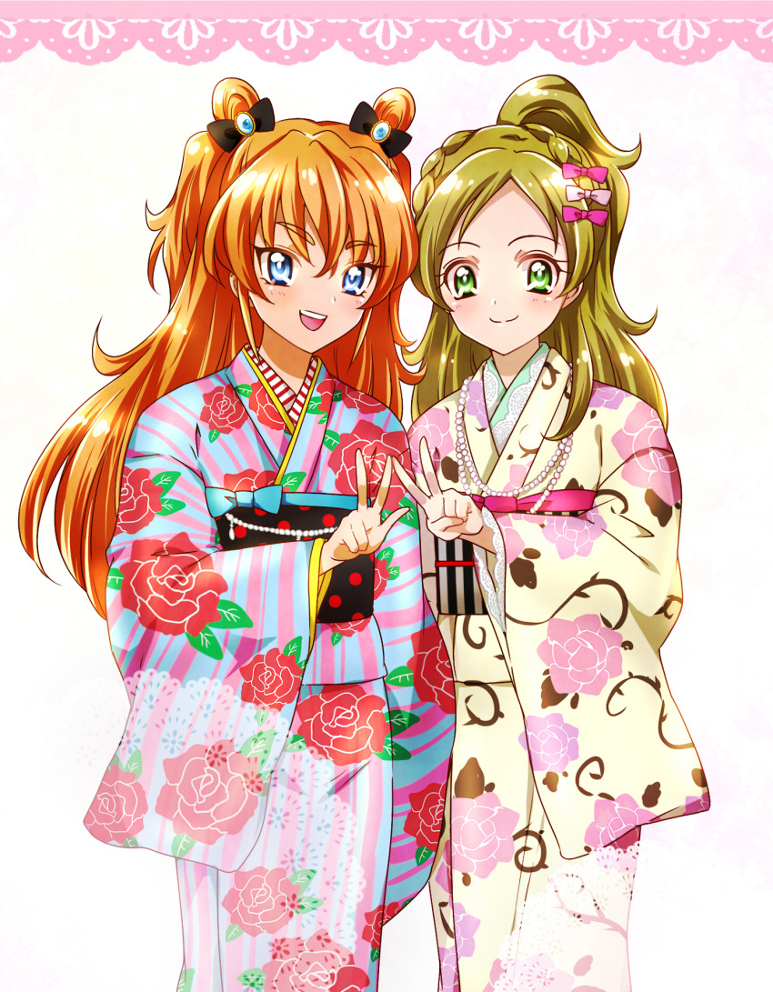 2girls blue_eyes bow braid brown_hair cowboy_shot double_bun floral_print green_eyes hair_bow half_updo highres houjou_hibiki japanese_clothes kagami_chihiro long_hair looking_at_viewer minamino_kanade multiple_girls pink_bow precure smile suite_precure two_side_up v white_background