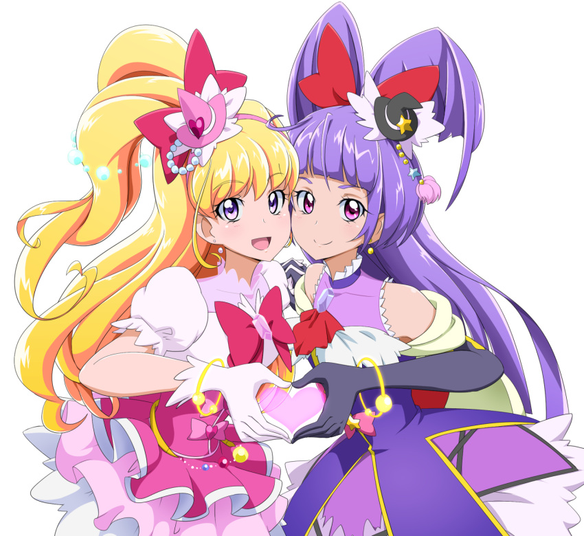 2girls acchi_(koiyimknp) asahina_mirai black_gloves black_hat blonde_hair bow cowboy_shot cure_magical cure_miracle earrings elbow_gloves gem gloves hair_bow half_updo hat heart heart_hands heart_hands_duo highres izayoi_liko jewelry long_hair looking_at_viewer magical_girl mahou_girls_precure! mini_hat mini_witch_hat multiple_girls pink_bow pink_hat pink_skirt ponytail precure puffy_sleeves purple_hair purple_skirt red_bow skirt smile violet_eyes white_background white_gloves witch_hat