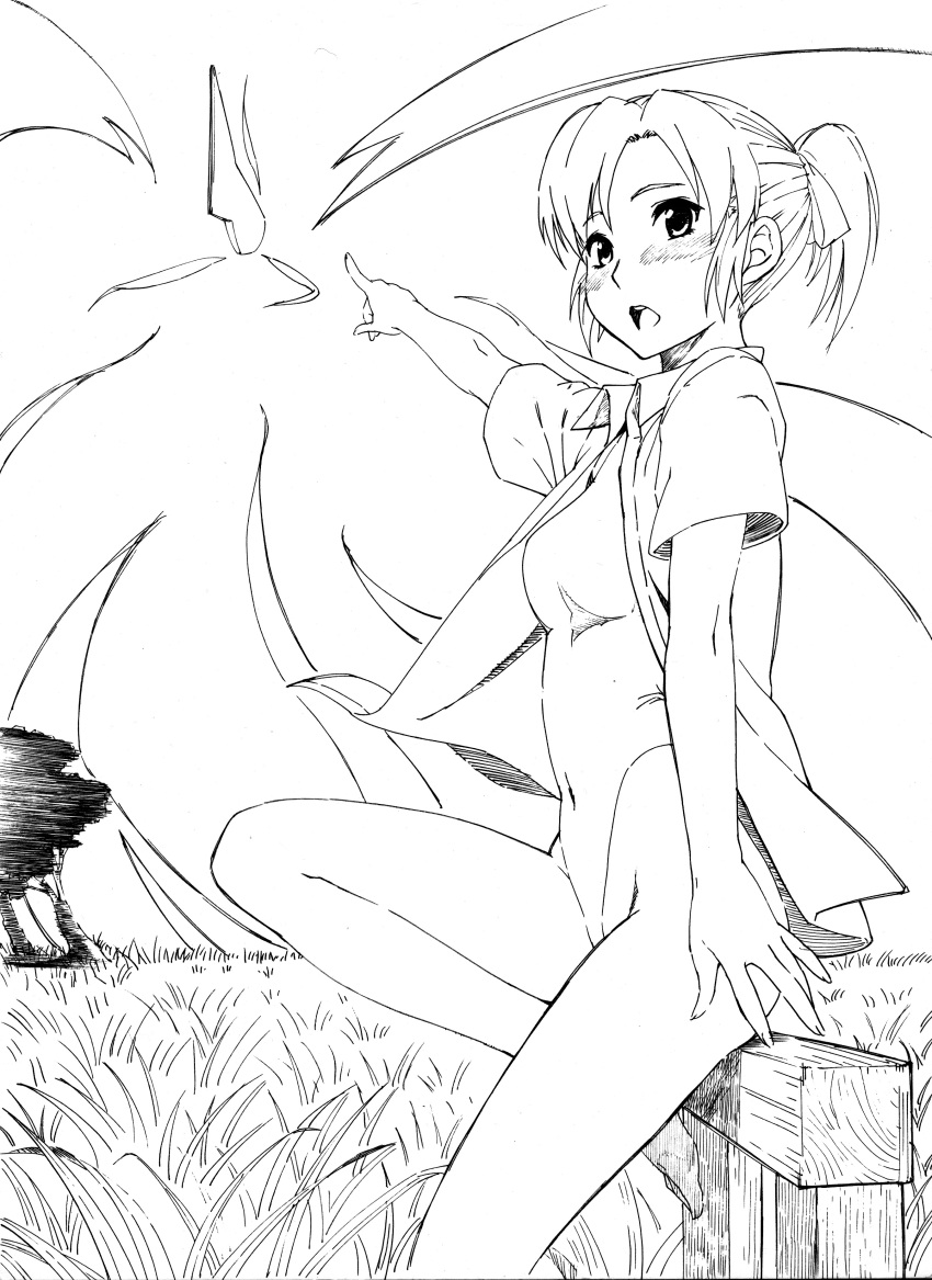 absurdres bow clouds dress_shirt fence field fingernails fountain_pen_(medium) from_side graphite_(medium) grass hair_bow hatsuseno_alpha highres knee_up legs line_shading looking_at_viewer monochrome navel no_pants one-piece_swimsuit open_clothes open_shirt pointing ponytail shirt simple_background sitting sky swimsuit thighs traditional_media tree white_background wind wooden_fence yokohama_kaidashi_kikou zunger