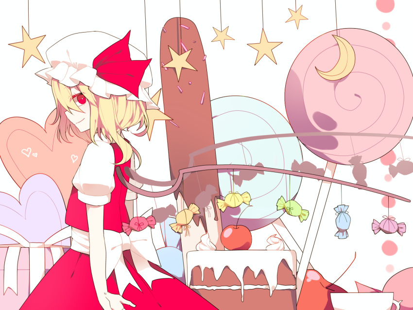 1girl blonde_hair cake candy cherry crescent flandre_scarlet food from_side fruit gla hat heart highres lollipop looking_at_viewer mob_cap puffy_short_sleeves puffy_sleeves red_eyes short_sleeves skirt skirt_set smile solo star string touhou wings