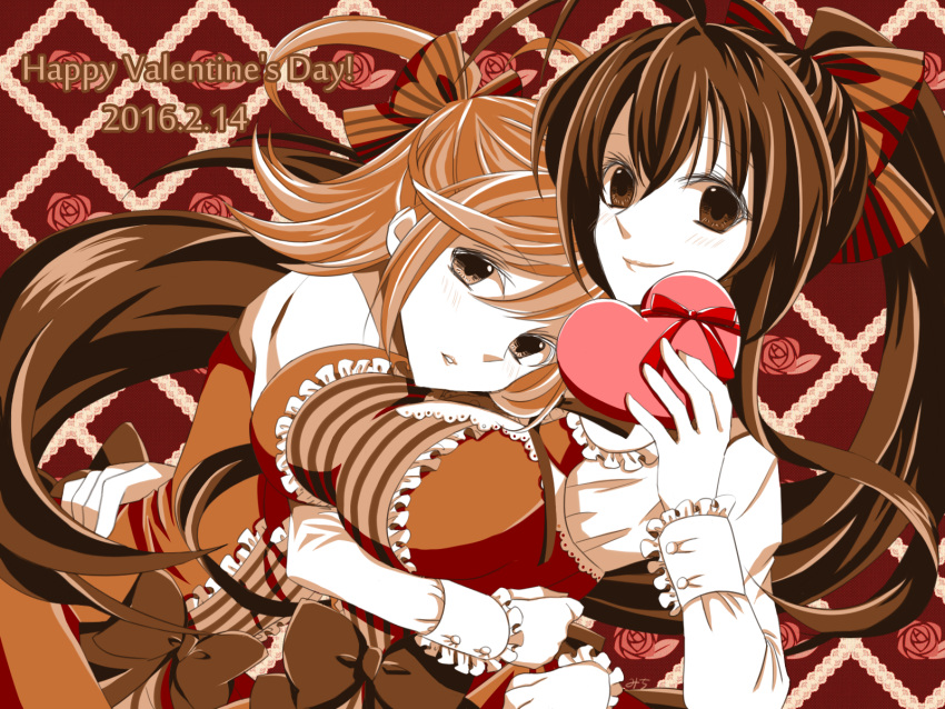 2girls antenna_hair blazblue blazblue_remix_heart blush bow box breast_lift breasts dress frilled_dress frills genderswap gift gift_box hair_bow hair_ribbon heart-shaped_box highres hug impossible_clothes impossible_dress large_breasts lolita_fashion long_hair long_sleeves looking_at_viewer mai_natsume matching_outfit monochrome multiple_girls parted_lips ponytail ribbon sepia shiori_kirihito smile so_(pixiv2361179) two_side_up upper_body valentine yuri
