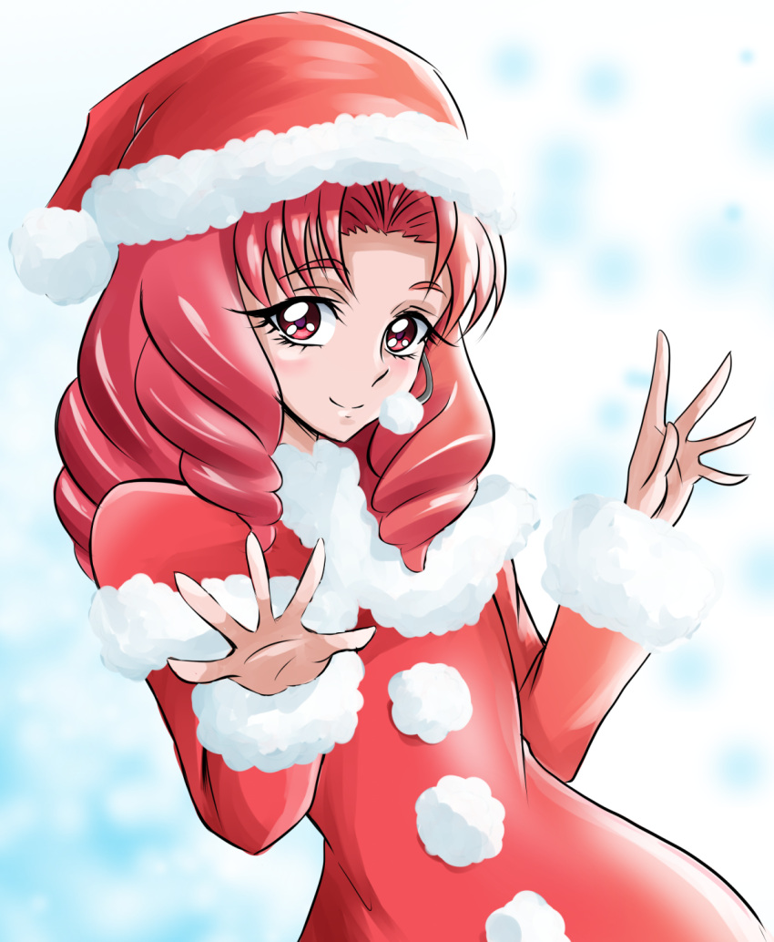 1girl akagi_towa arudebido christmas coat go!_princess_precure hat highres long_hair looking_at_viewer pom_pom_(clothes) precure red_eyes red_hat redhead santa_hat smile solo