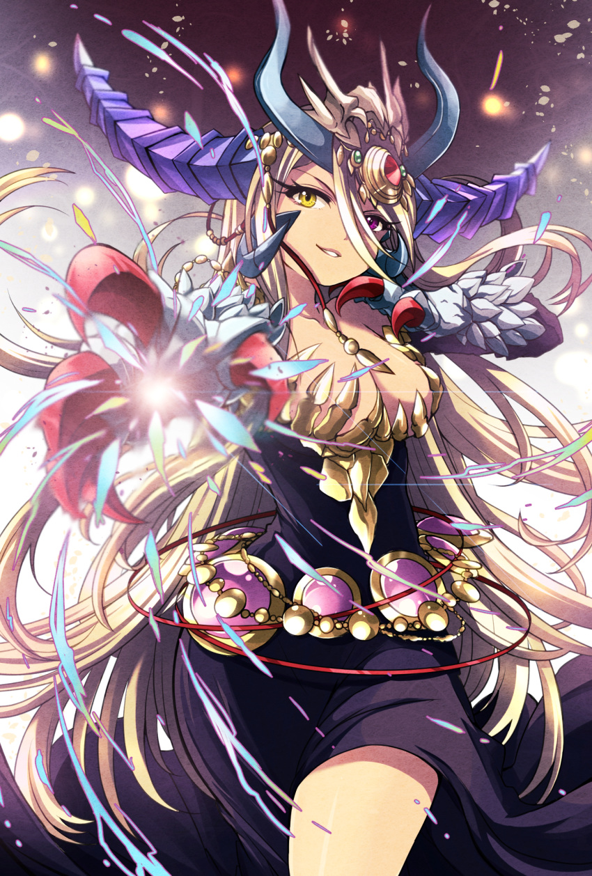 1girl blonde_hair breasts claws cleavage dress foreshortening grin heterochromia highres horns long_hair pikomarie puzzle_&amp;_dragons smile solo sonia_gran_reverse standing very_long_hair violet_eyes yellow_eyes