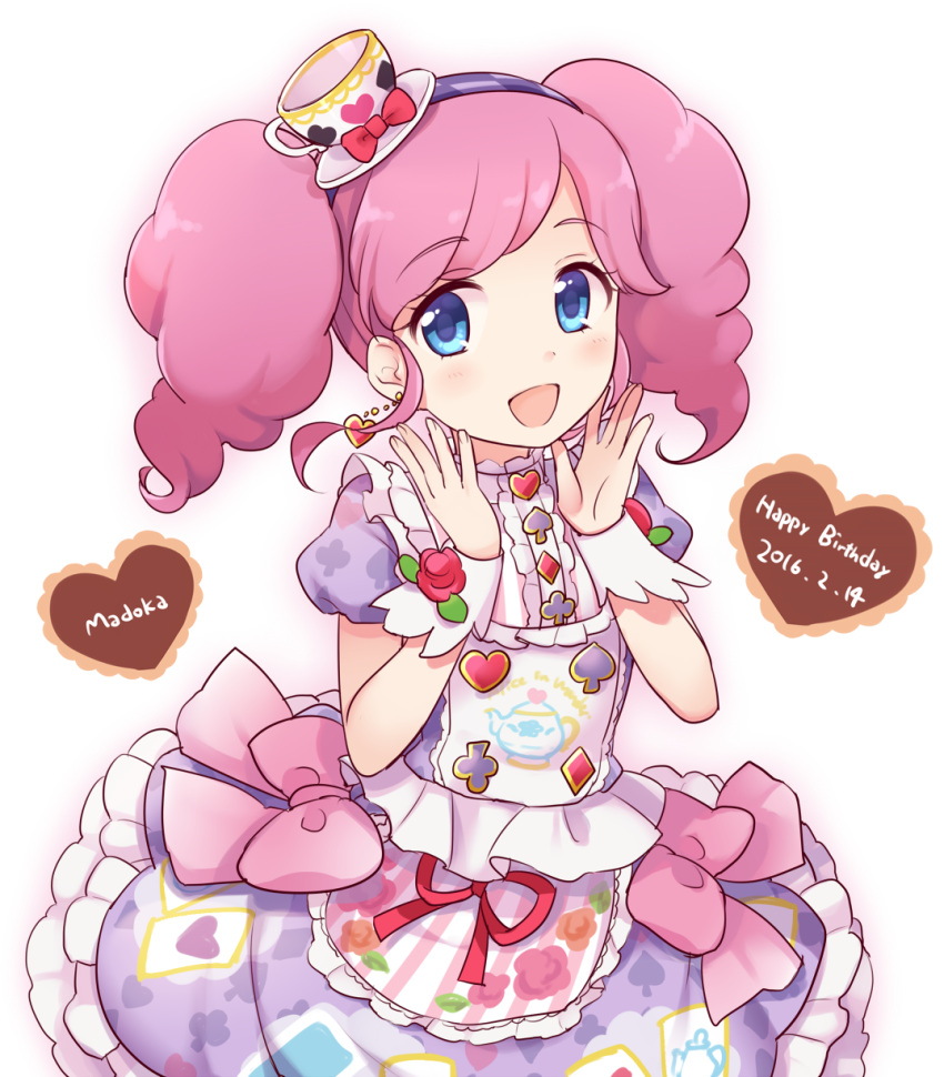 1girl aikatsu! amahane_madoka blue_eyes chocolate chocolate_heart dress earrings food_themed_clothes frilled_dress frills hair_ornament heart highres jewelry maki_(natoriumu) open_mouth pink_hair print_dress puffy_short_sleeves puffy_sleeves short_sleeves smile solo twintails valentine wrist_cuffs