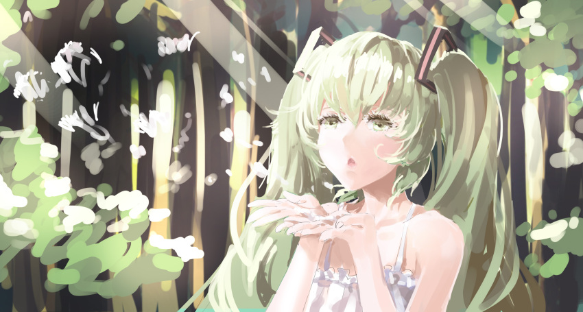 1girl green_eyes green_hair hatsune_miku highres marie_mushroom petals sketch solo tree twintails vocaloid