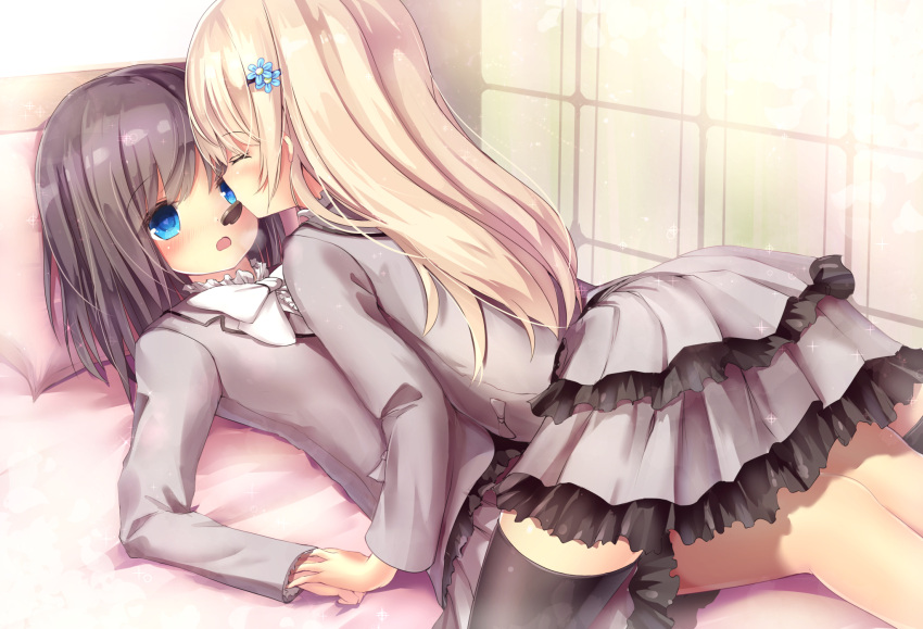 bangs black_hair black_legwear blonde_hair blue_eyes blush chocolate chocolate_heart closed_eyes food_in_mouth hair_ornament hairpin heart heart-shaped_pupils highres layered_skirt long_hair lying missile228 mouth_hold on_back open_mouth original school_uniform spread_legs symbol-shaped_pupils thigh-highs valentine yuri
