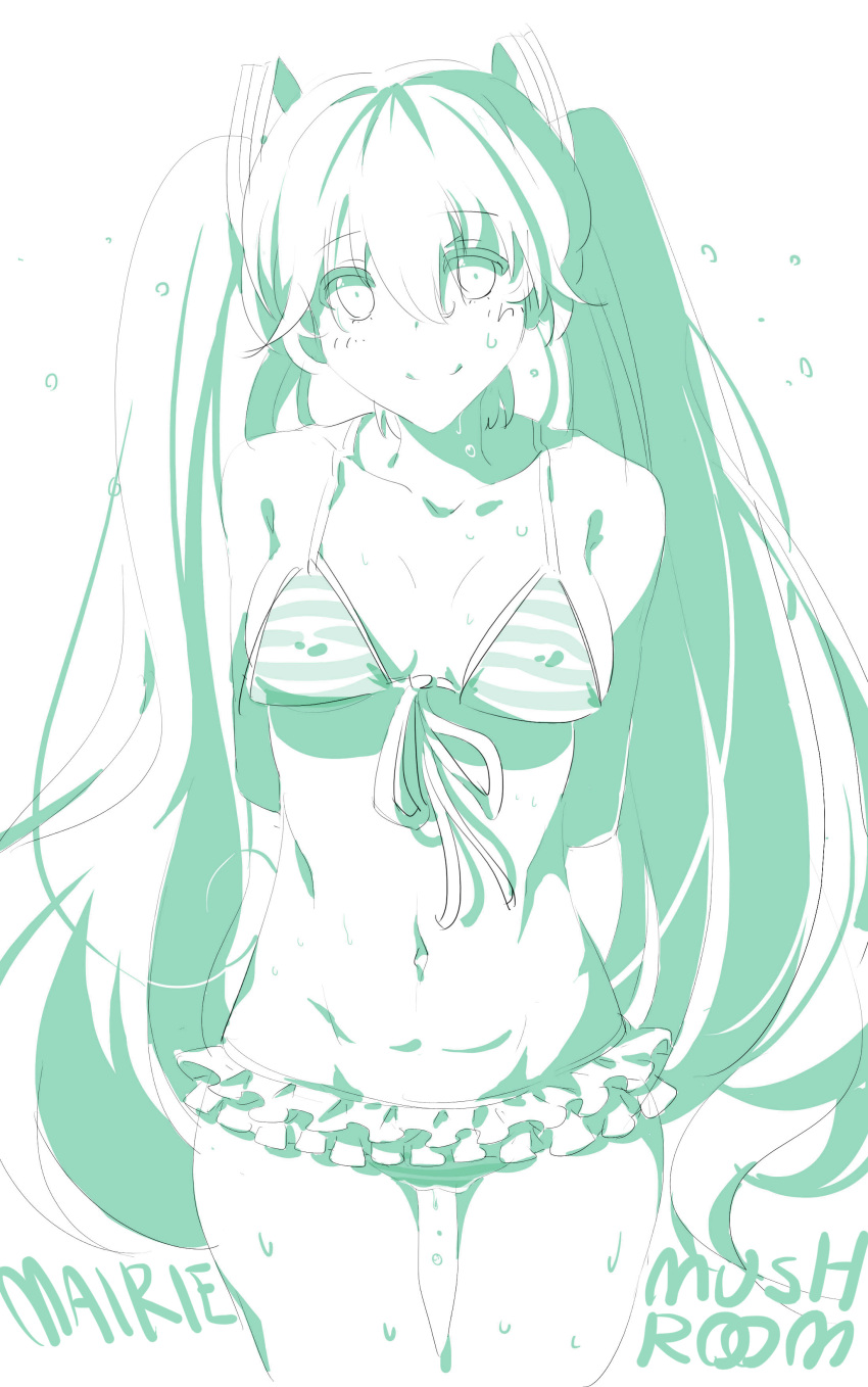 1girl absurdres arms_behind_back artist_name bikini breasts covered_nipples front-tie_top groin hatsune_miku highres long_hair marie_mushroom monochrome navel smile solo striped striped_bikini striped_bikini_top sweat swimsuit twintails vocaloid