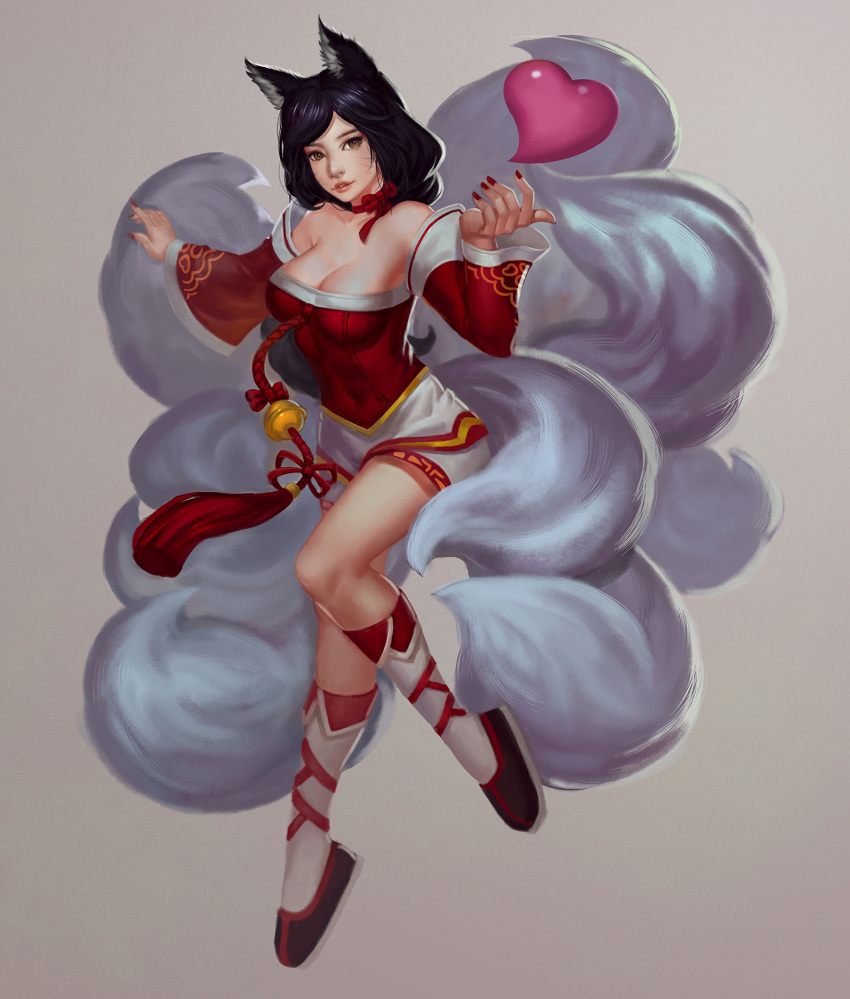 1girl ahri animal_ears bare_shoulders black_hair breasts cleavage collarbone covered_navel detached_sleeves facial_mark fox_ears fox_tail full_body grey_background heart highres korean_clothes league_of_legends leg_ribbon lips long_hair looking_at_viewer multiple_tails nail_polish neck_ribbon nose one_leg_raised parted_lips realistic red_nails ribbon simple_background slit_pupils solo tail whisker_markings yellow_eyes ying_shi_de_xia_yeji