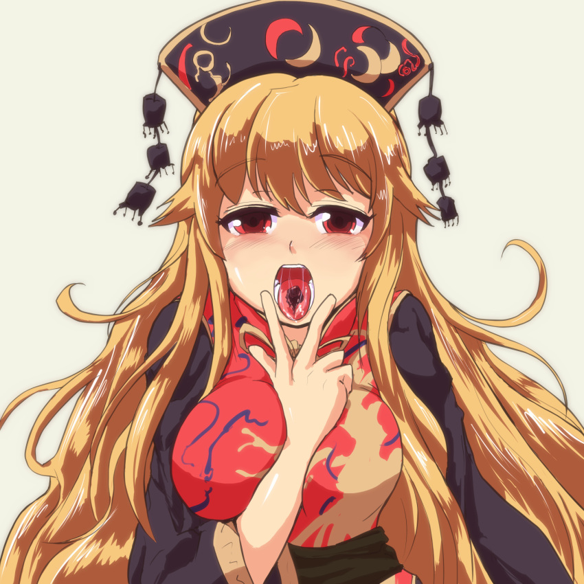 1girl between_breasts black_dress blonde_hair breasts chinese_clothes chocolate crescent_moon dress hat highres incoming_kiss junko_(touhou) kaabon_meshi long_hair long_sleeves moon open_mouth red_eyes saliva sash solo tabard touhou very_long_hair