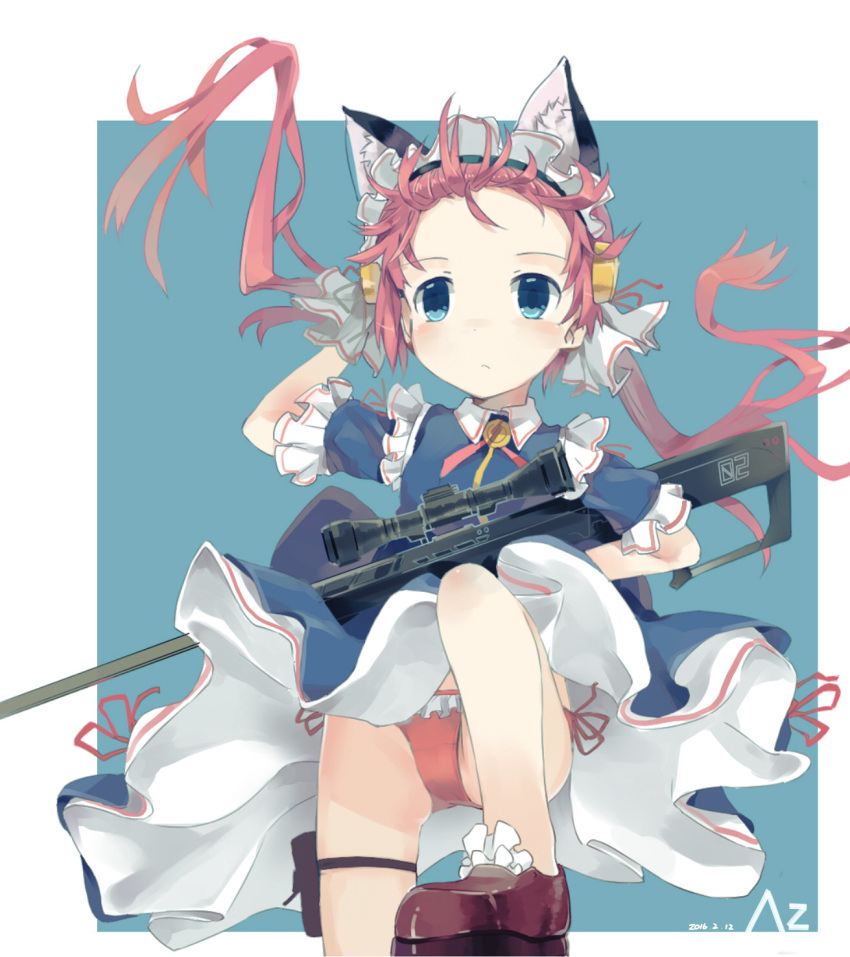 1girl android animal_ears blue_eyes cat_ears clarion doll_joints dress female gloves gun highres koukaku_no_pandora maid maid_headdress panties pink_hair red_panties rifle scope sniper_rifle solo twintails underwear weapon weapon_request wind zhongye_yu