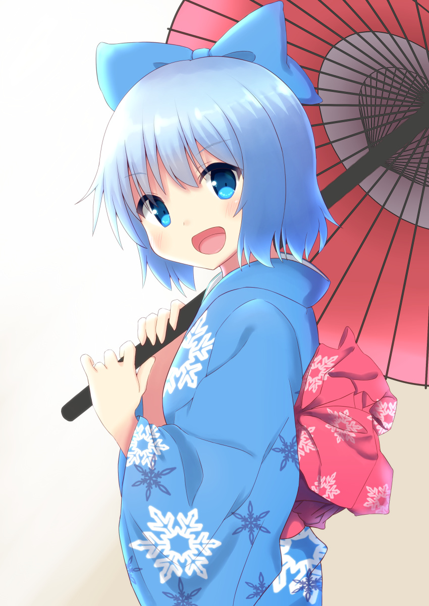 1girl :d absurdres alternate_costume blue_eyes blue_hair blush bow cirno hair_bow highres japanese_clothes looking_at_viewer negishio open_mouth oriental_umbrella short_hair smile solo touhou umbrella