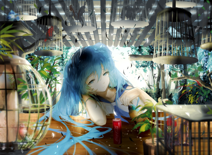 1girl animal arm_support beak bird birdcage blue_eyes blue_hair blue_ribbon blurry cage coca-cola collarbone depth_of_field expressionless feathers flower_pot hair_between_eyes half-closed_eyes hatsune_miku head_rest highres indoors looking_at_viewer neckerchief plant potted_plant ribbon sa'yuki shirt short_sleeves simple_background soda_can solo table tree tsurime upper_body vocaloid white_background white_shirt wooden_table