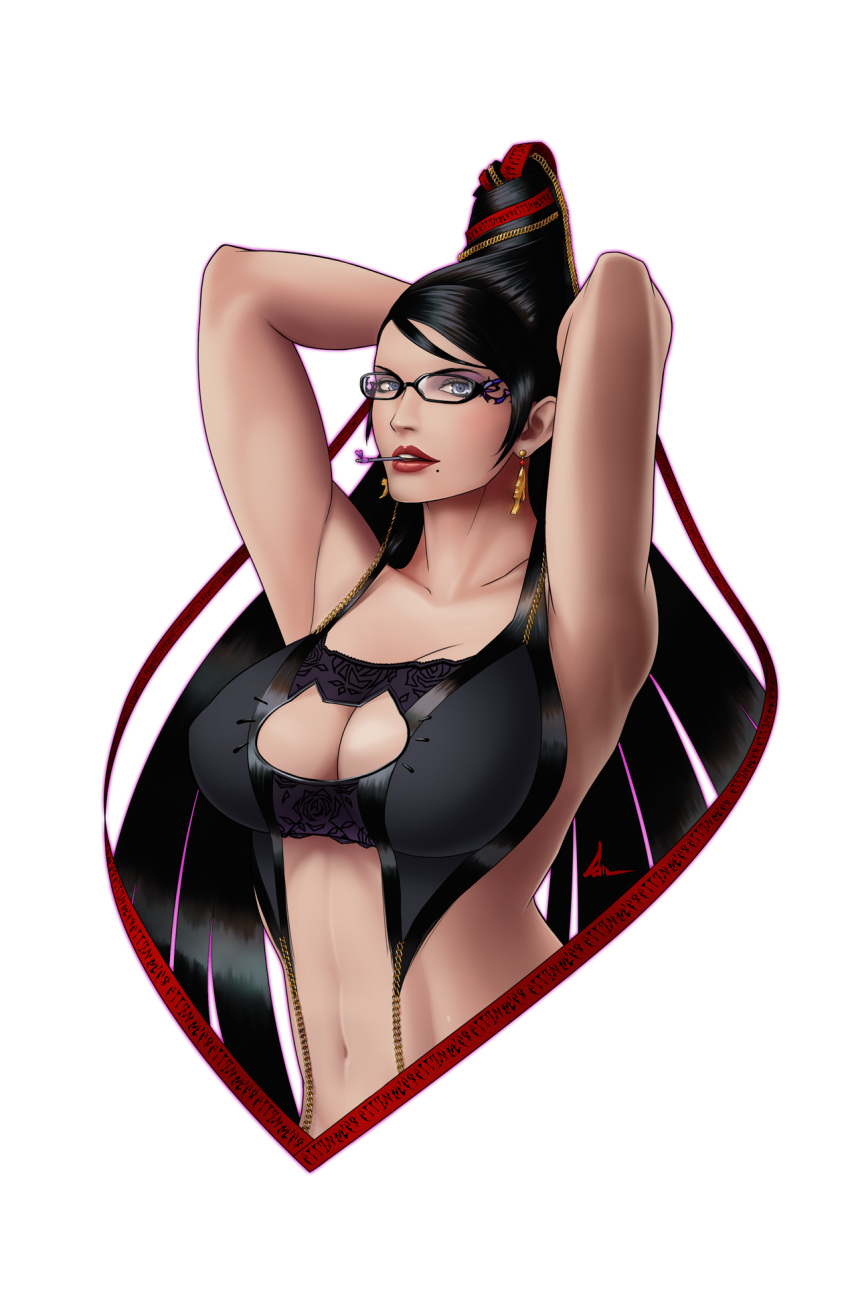 1girl arms_behind_head arms_up bayonetta bayonetta_(character) black-framed_glasses black_hair blue_eyes breasts cat_cutout cat_lingerie earrings glasses highres jewelry large_breasts lingerie lipstick long_hair looking_at_viewer makeup mole navel realistic scyfon simple_background solo underwear underwear_only upper_body very_long_hair white_background