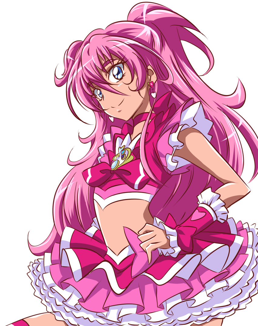 1girl absurdres alternate_hairstyle arudebido blue_eyes bow brooch choker cowboy_shot crop_top cure_melody earrings frilled_skirt frills hair_down highres houjou_hibiki jewelry long_hair looking_at_viewer magical_girl pink_bow pink_hair pink_skirt precure skirt smile solo suite_precure white_background wrist_cuffs