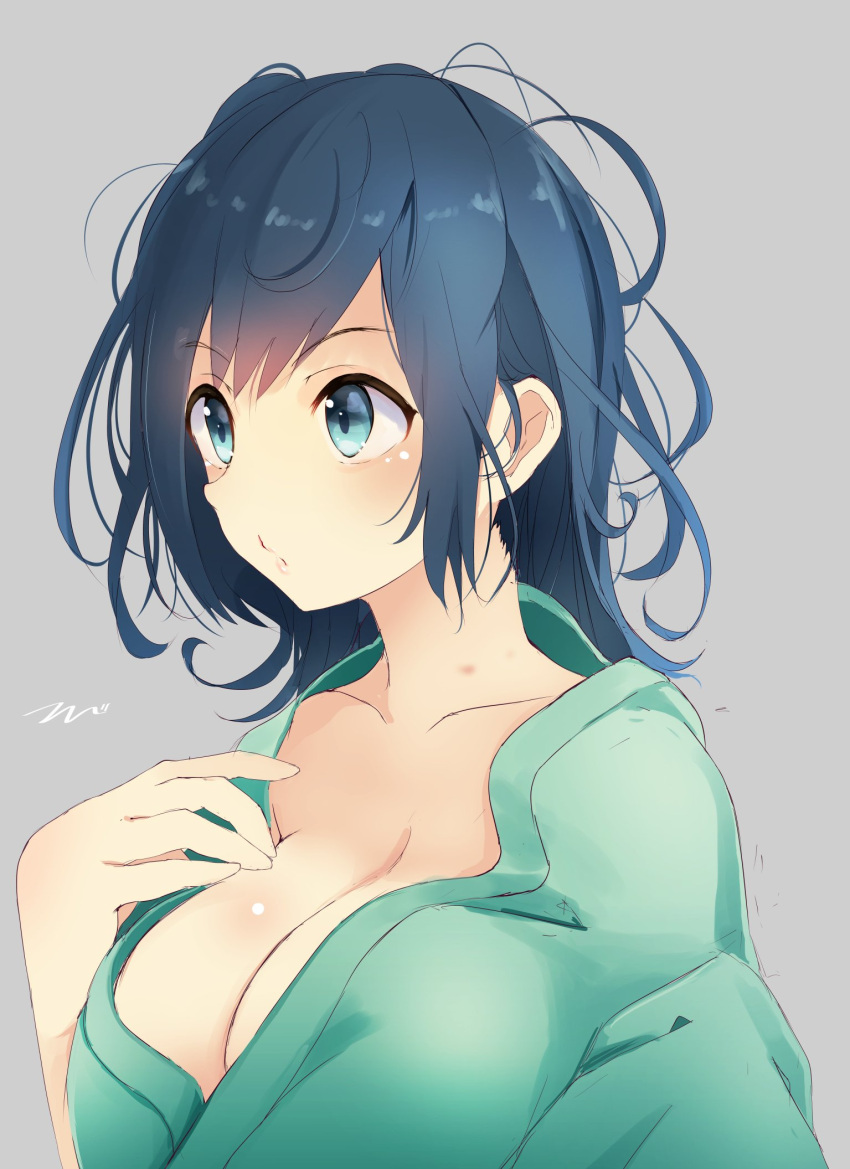 1girl :o blue_eyes blue_hair blush breasts collarbone grey_background hand_on_own_chest highres japanese_clothes kantai_collection kimono large_breasts long_hair looking_to_the_side messy_hair nose open_clothes open_kimono parted_lips signature simple_background solo souryuu_(kantai_collection) tbd11 upper_body visible_ears