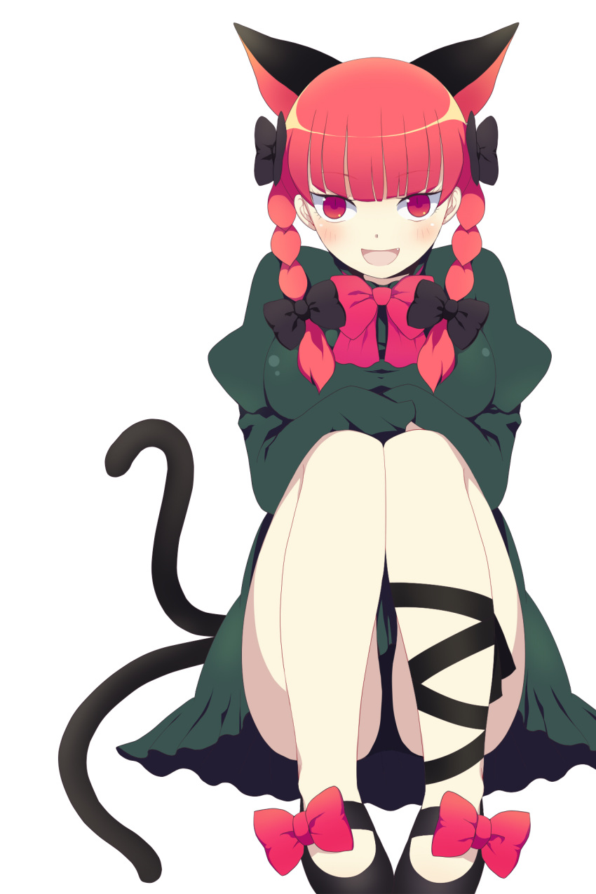 bad_id bow braid cat_ears cat_tail hair_ribbon harano highres kaenbyou_rin multiple_tails red_eyes red_hair redhead ribbon short_hair sitting solo tail touhou twin_braids twintails