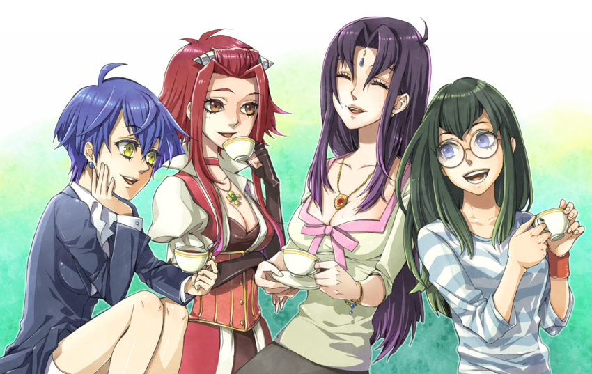 blue_hair brown_eyes carly_nagisa casual cup dress drink elbow_gloves error everyone fingerless_gloves formal glasses gloves green_hair happy himekawa_donki izayoi_aki jewelry long_hair misty_lola necklace playplace purple_hair red_hair redhead sagiri_mikage short_hair sitting smile tea yellow_eyes yuu-gi-ou yuu-gi-ou_5d's yuu-gi-ou_5d's