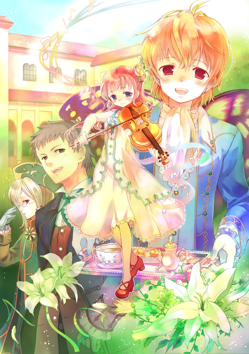 blue_eyes butterfly_wings cup flower food glasses gloves hair_flower hair_ornament hat highres instrument luine musical_note original pink_hair red_eyes short_hair takeda_mika tea teacup teapot tray violin wings