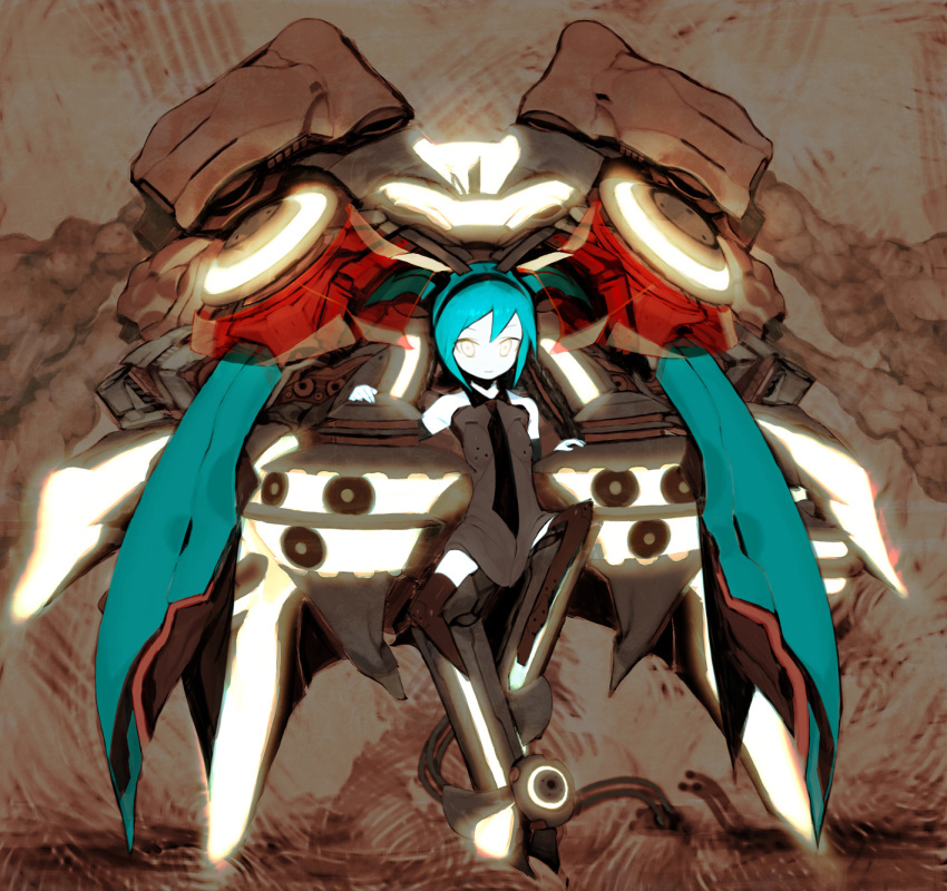 android aqua_hair asgr glowing glowing_eyes hatsune_miku highres mecha necktie smile solo thigh-highs thighhighs twintails vocaloid white_eyes
