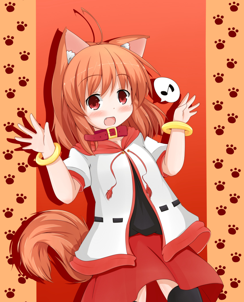 ahoge animal_ears bangle black_legwear blush bracelet brown_hair dog_collar dog_ears dog_tail fanf highres hoodie jewelry looking_at_viewer open_hands open_mouth original paw_print red_eyes short_hair simple_background skirt smile tail thigh-highs