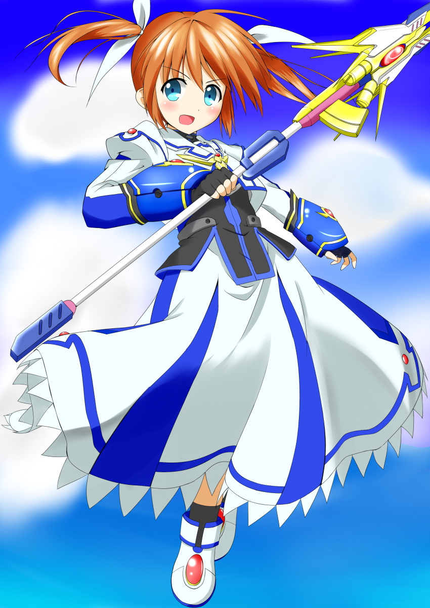 1girl absurdres aqua_eyes blush brown_hair clouds dat4147 dress fingerless_gloves gloves hair_ribbon highres long_sleeves lyrical_nanoha magical_girl mahou_shoujo_lyrical_nanoha mahou_shoujo_lyrical_nanoha_a's mahou_shoujo_lyrical_nanoha_the_movie_2nd_a's open_mouth puffy_sleeves raising_heart ribbon short_twintails sky solo takamachi_nanoha twintails