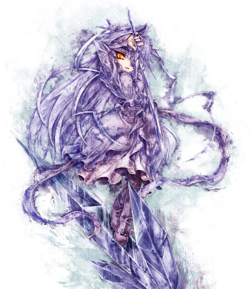 crystal dress eyepatch flower highres purple_hair ribbon rozen_maiden sasa_ichi ssss sword weapon yellow_eyes