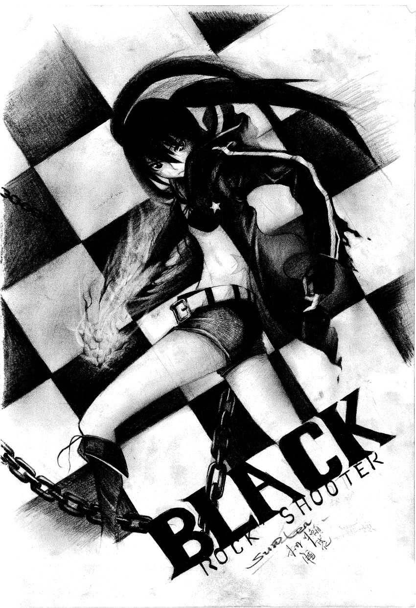 bad_id belt bikini_top black_hair black_rock_shooter black_rock_shooter_(character) boots chain chains charcoal_(medium) checkerboard checkered coat fingerless_gloves flat_chest gloves highres long_hair midriff monochrome navel scar shorts sketch solo surolen traditional_media twintails