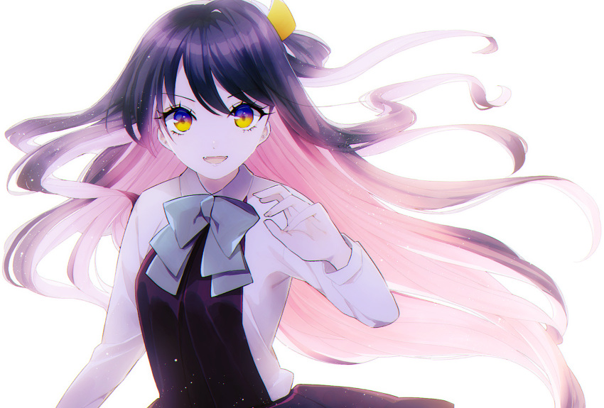 1girl black_hair fang fangs hair_ribbon highres kantai_collection long_hair looking_at_viewer multicolored_hair naganami_(kantai_collection) open_mouth pink_hair revision ribbon sayori_(artist) school_uniform simple_background smile solo upper_body white_background yellow_eyes
