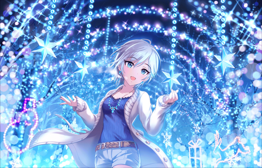 1girl anastasia_(idolmaster) aqua_eyes artist_request belt blue blue_shirt breasts breath brown_belt cardigan cleavage collarbone crystal_earrings denim denim_shorts earrings glowing idolmaster idolmaster_cinderella_girls_starlight_stage jewelry light long_sleeves necklace official_art open_mouth shirt short_hair shorts silver_hair smile solo sparkle star