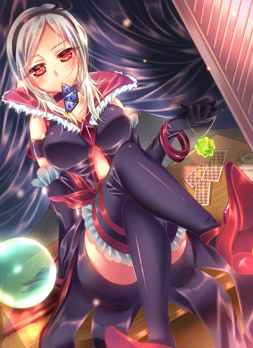 1girl absurdres albino black_gloves black_legwear card choker crossed_legs eas elbow_gloves fresh_precure! full_body gloves grey_hair hairband higashi_setsuna highres looking_at_viewer mouth_hold playing_card popped_collar precure red_eyes red_shoes shoes short_hair sitting solo thigh-highs touki_matsuri