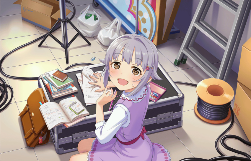 1girl artist_request bag blush book brown_eyes charm_(object) cupboard eraser hair_ornament hairclip holding_pencil idolmaster idolmaster_cinderella_girls_starlight_stage instrument_case koshimizu_sachiko long_sleeves looking_at_viewer notepad official_art open_mouth paper pencil_case plastic_bag purple_hair school_bag short_hair solo sweatdrop