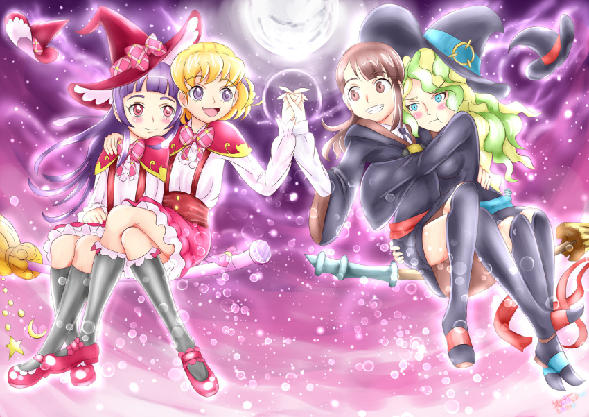 4girls :d :t akko_kagari arm_around_shoulder arm_around_waist asahina_mirai black_legwear blonde_hair blue_eyes blush bow broom broom_riding brown_eyes brown_hair crossed_legs diana_cavendish eye_contact full_moon green_hair hat holding_hands hug interlocked_fingers izayoi_liko jealous kneehighs little_witch_academia long_hair looking_at_another magical_girl mahou_girls_precure! moon multicolored_hair multiple_girls night no_shoes open_mouth pink_eyes plaid plaid_bow precure purple_hair shirt skirt smile two-tone_hair violet_eyes white_shirt witch witch_hat yuri