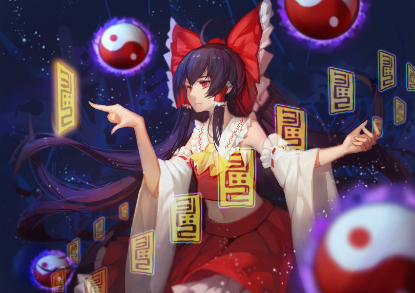 1girl ahoge armpits bangs blurry bow closed_mouth cravat depth_of_field detached_sleeves frills glowing gods_(1073337800) hair_bow hair_tubes hakurei_reimu highres light_particles long_hair midriff night night_sky ofuda outdoors pleated_skirt poking red_bow red_eyes red_skirt skirt skirt_set sky solo spell star_(sky) touhou wide_sleeves yin_yang