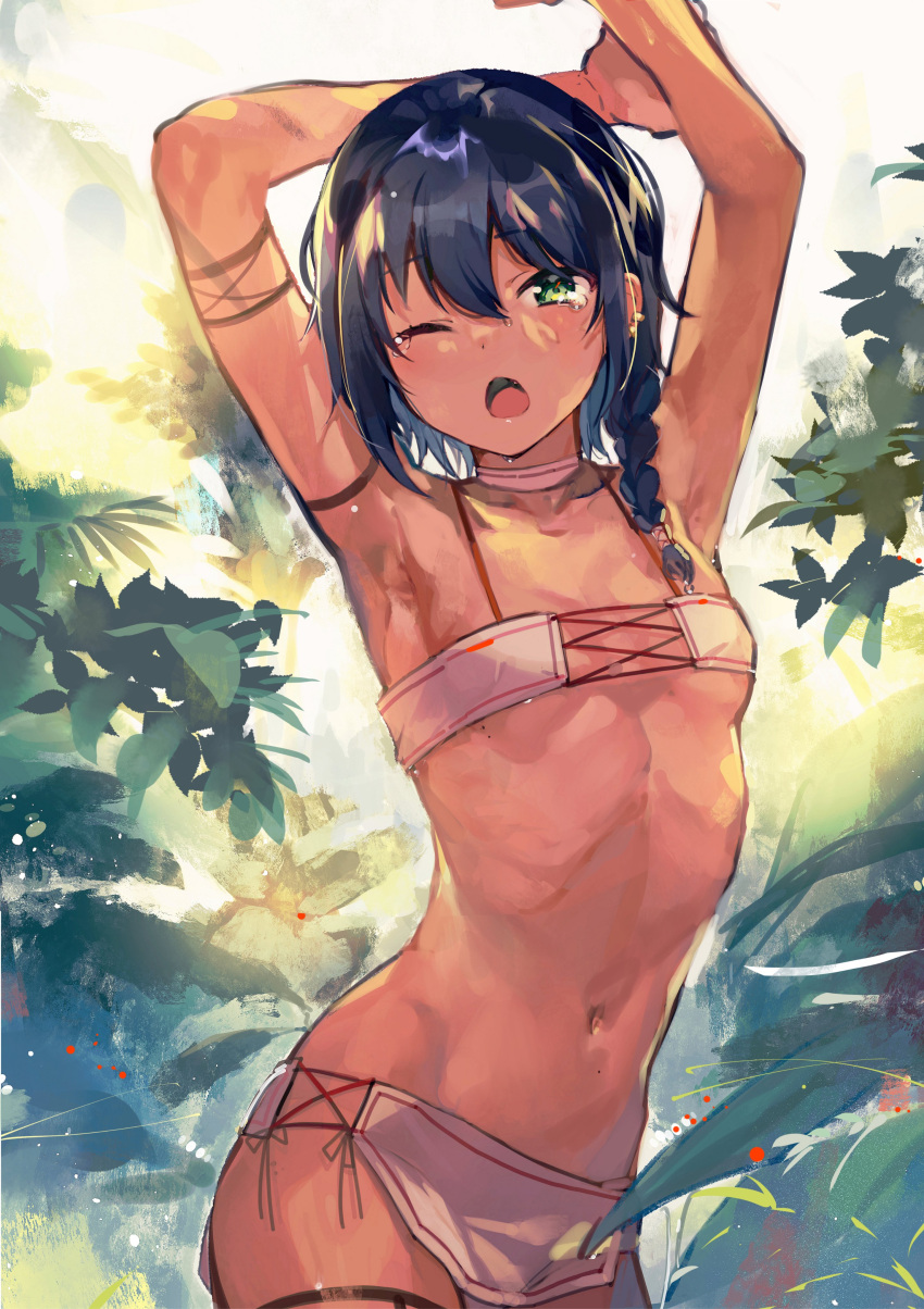1girl ;o absurdres armpits arms_up bare_arms bare_shoulders black_hair braid choker collarbone cowboy_shot dark_skin earrings green_eyes highres jewelry konbu_wakame leaf long_hair looking_at_viewer navel one_eye_closed open_mouth original plant revealing_clothes sidelocks single_braid solo standing stomach sweat tearing_up